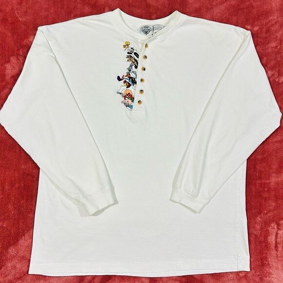 Vintage Looney Tunes Embroidered Quarter Button Long Sleeve Shirt - Picture 2 of 7